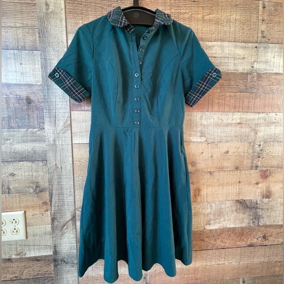 Hell Bunny Green Fit & Flare Dress Plaid Trim Pockets UK 10 / S - Picture 2 of 13